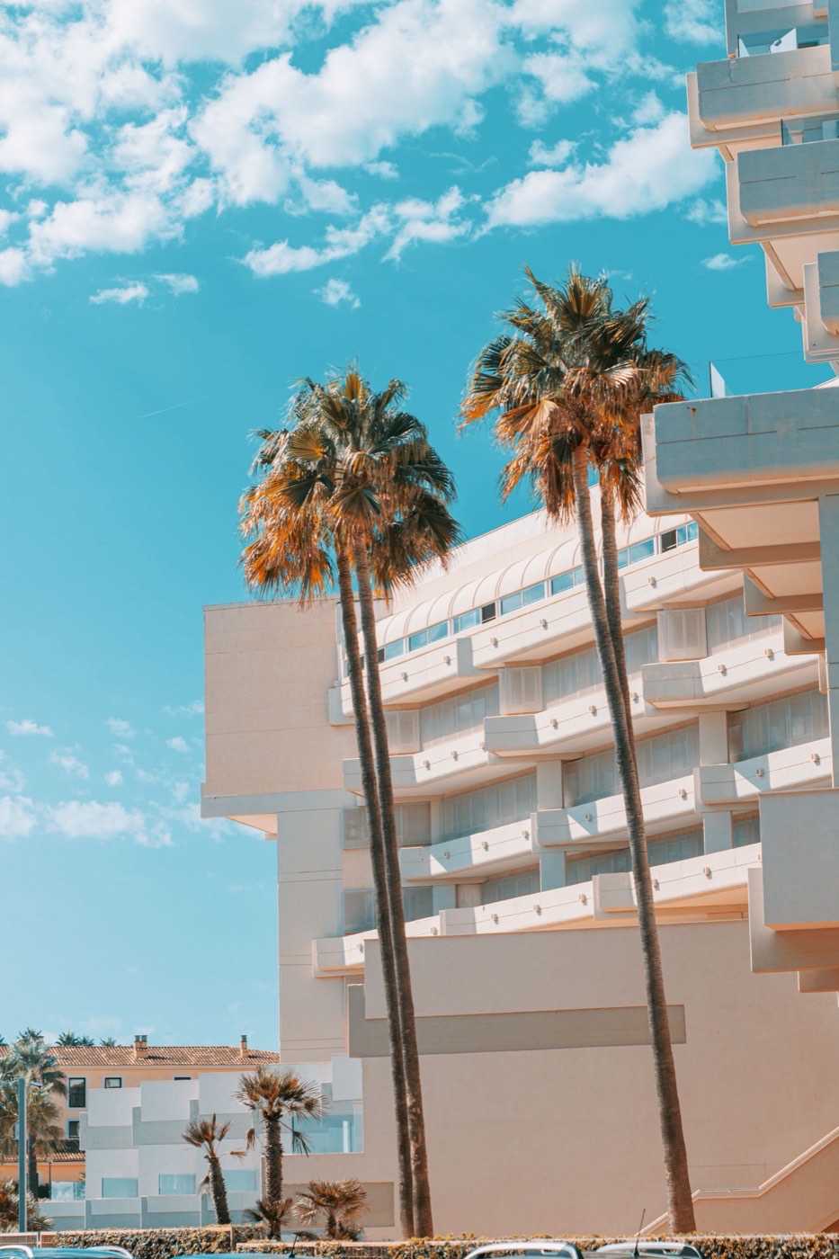 Apartment building exterior with palm trees