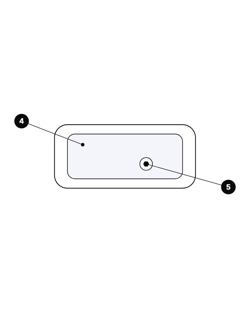 Line drawing of the padlock from below, with the bottom cover and hex screw numbered 4 and 5