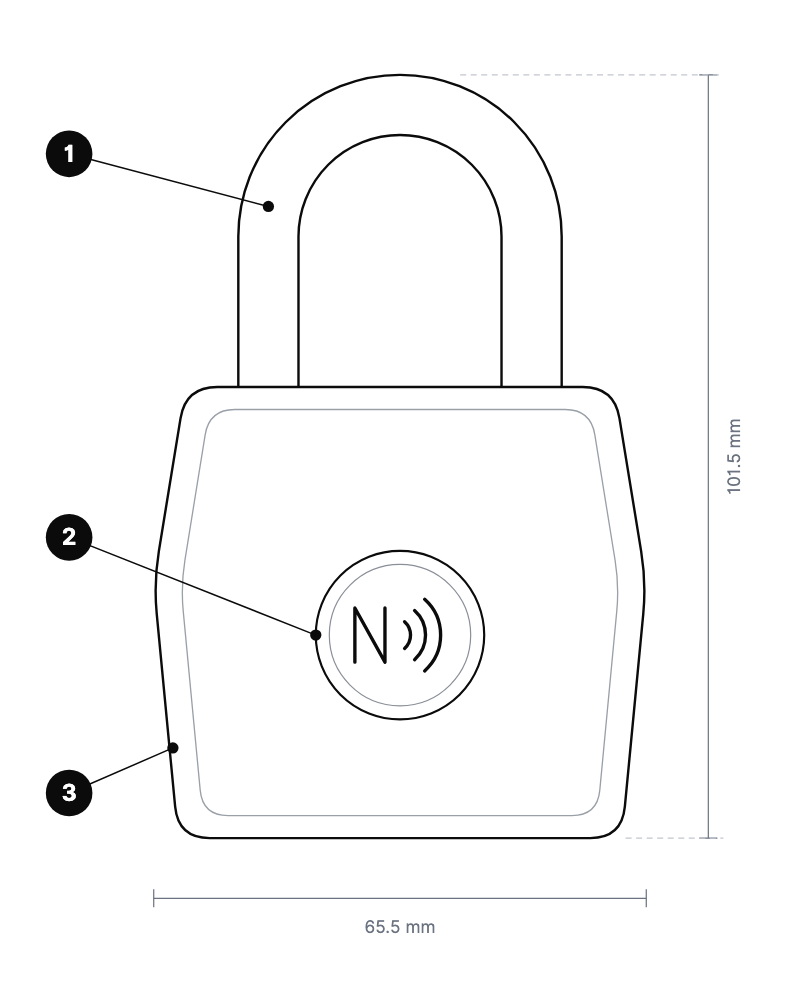Line drawing of the padlock from the front, with the shackle, NFC mark and lock body numbered 1 to 3
