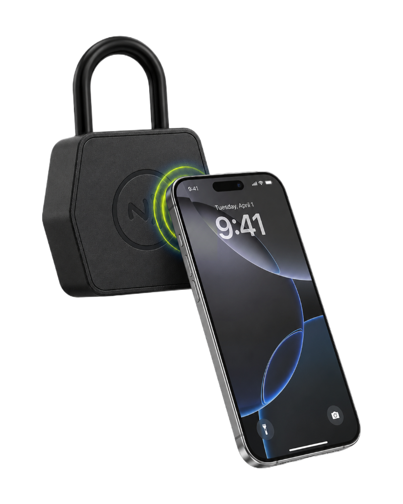 A phone held against the NFC mark on the padlock