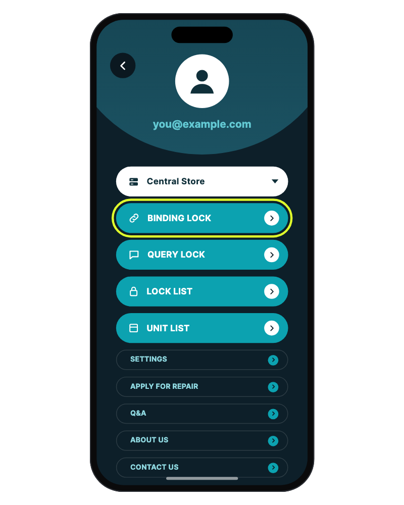 My Account screen with BINDING LOCK highlighted