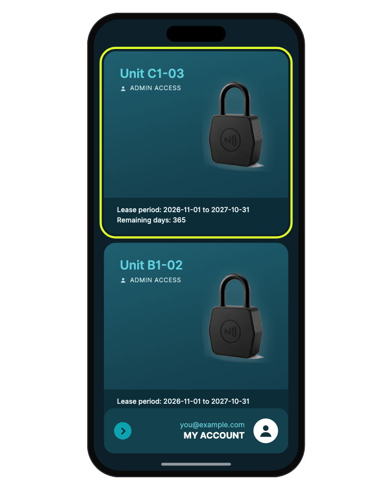 Lock list showing unit C1-03 with admin access