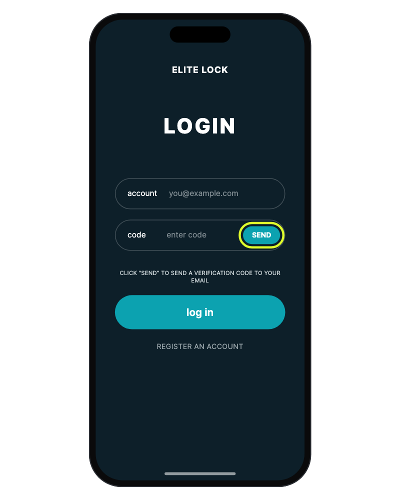 The EliteLock sign-in screen with the SEND button highlighted