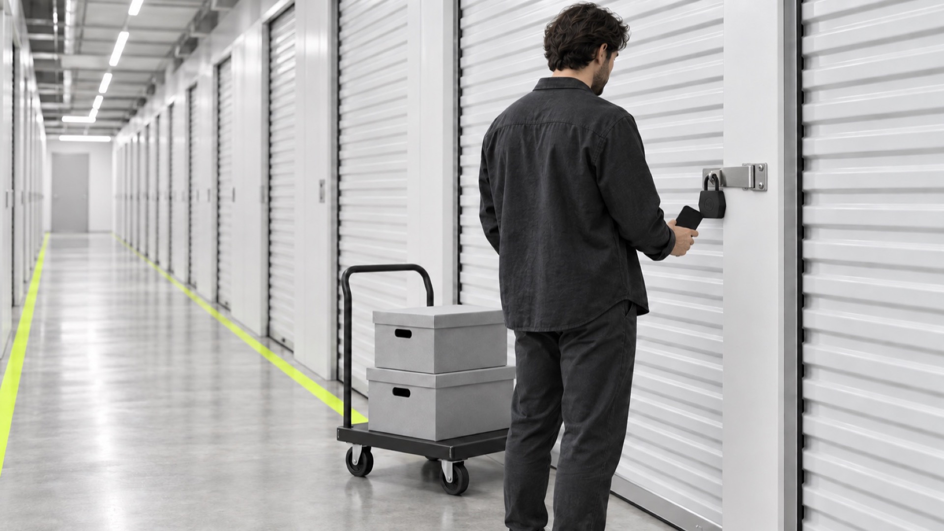 A tenant holding a phone at the padlock on a self-storage unit door