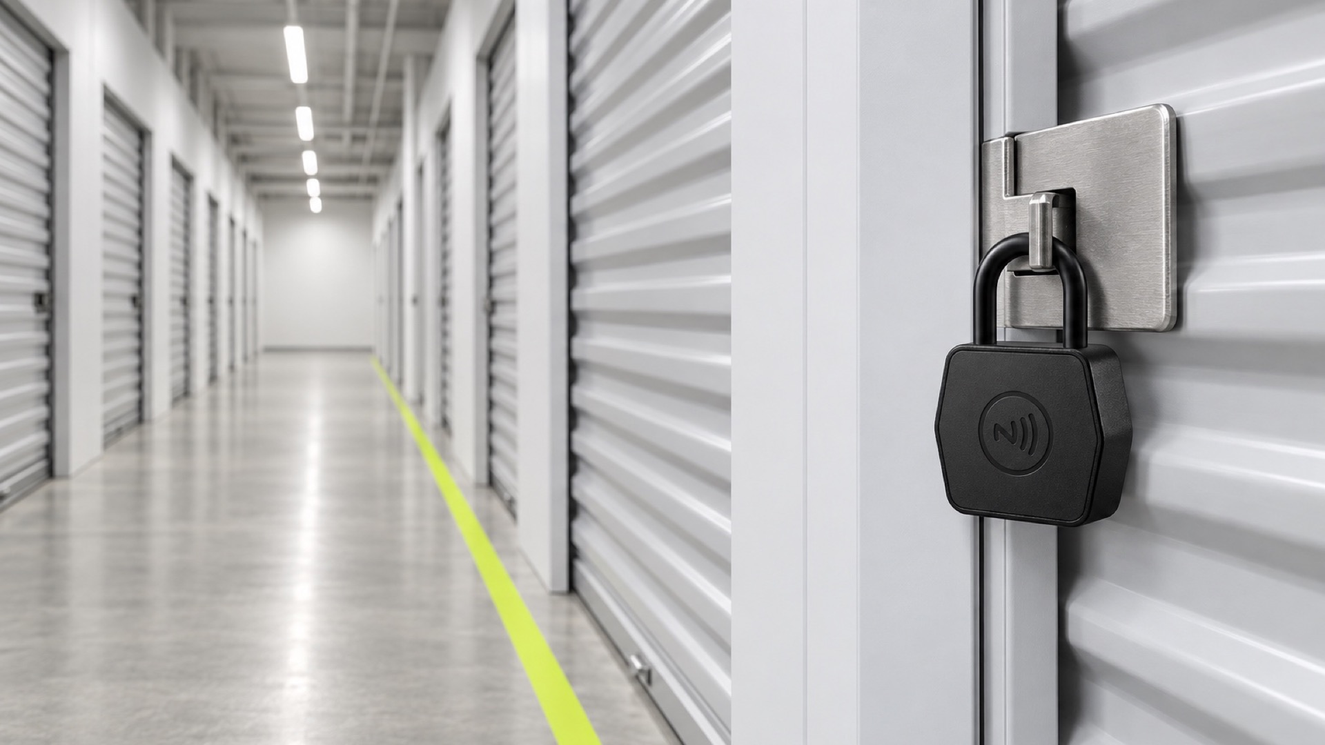An NFC padlock on a self-storage roller door