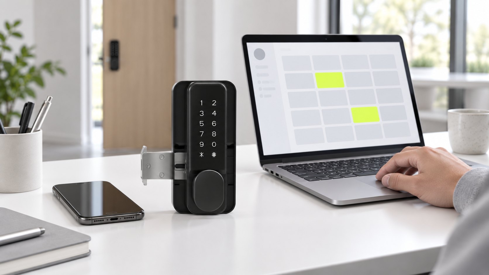 A Smart Bolt on a desk beside a laptop showing the site dashboard