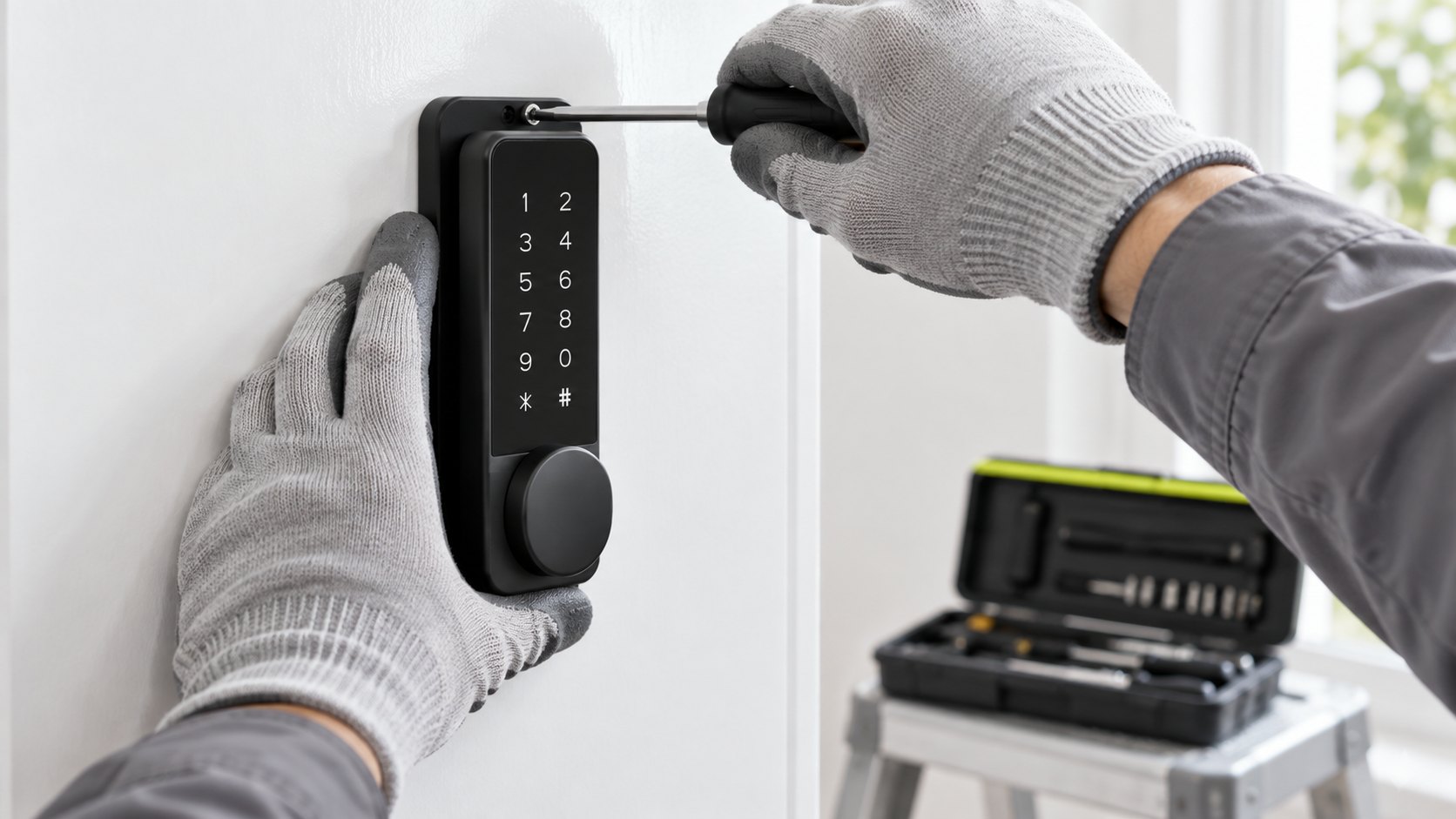 A technician in work gloves fitting the Smart Bolt to a white door