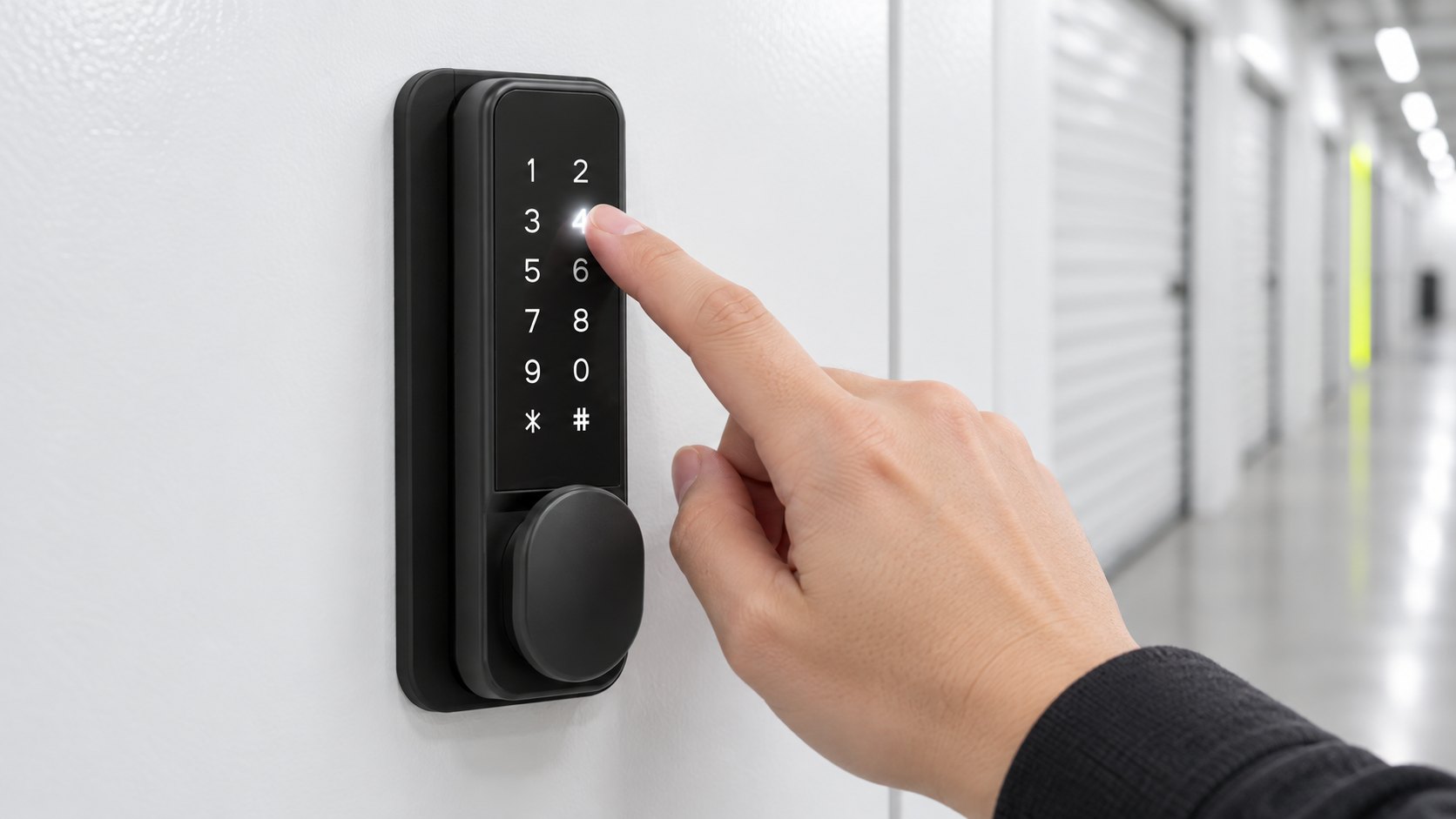 A fingertip on the Smart Bolt touch keypad on a white storage unit door