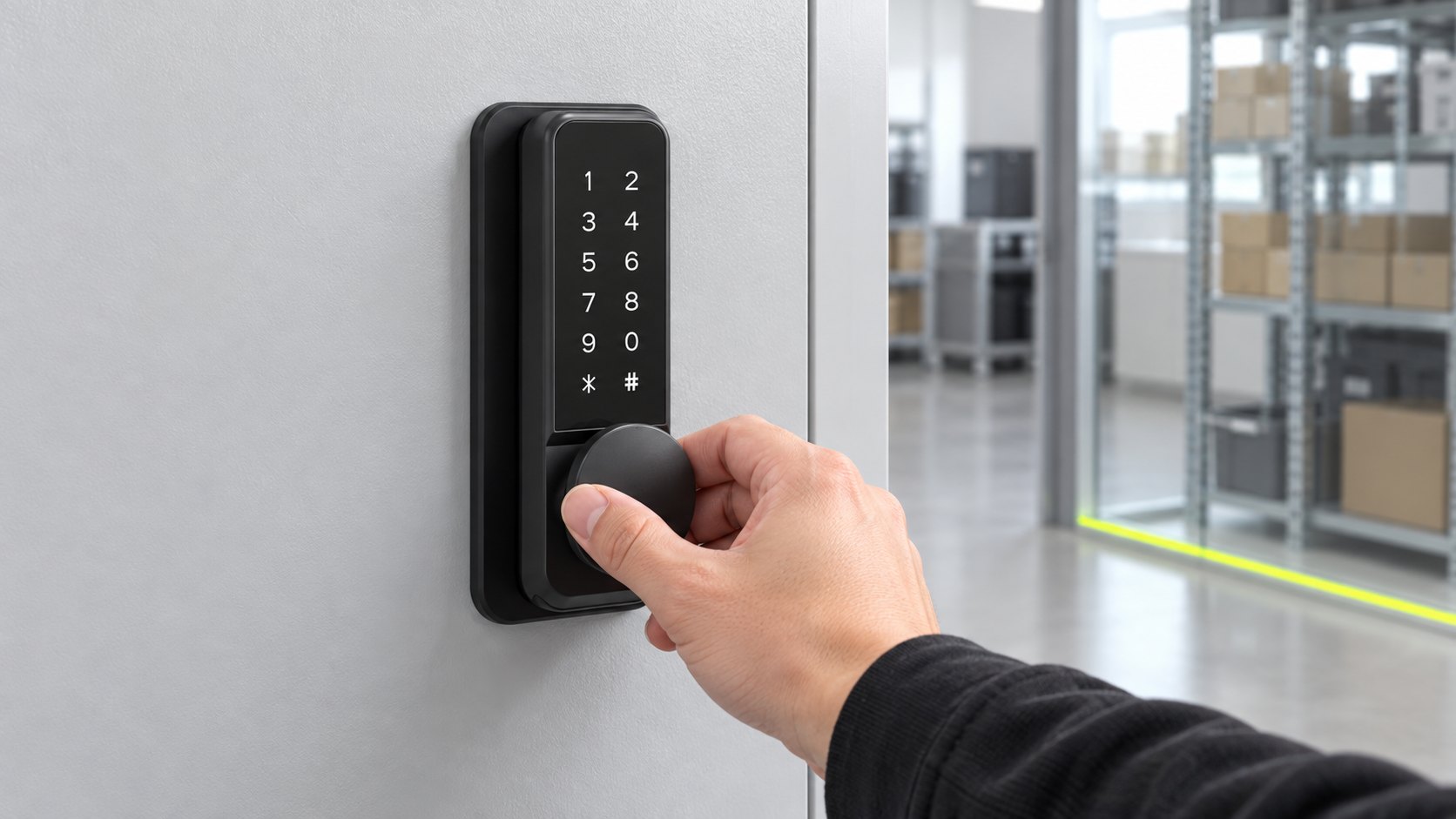 A hand on the knob of a Smart Bolt on a commercial back-office door