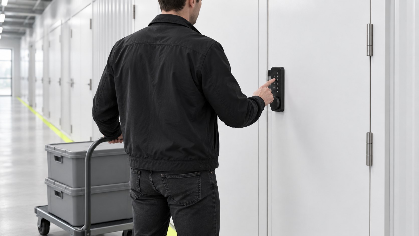 A tenant with a trolley entering a code on the Smart Bolt of a swing door