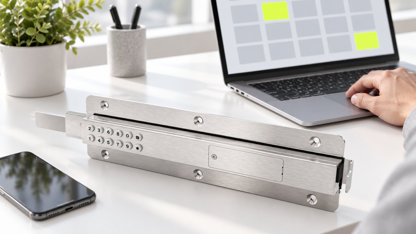 A Smart Latch on a desk beside a laptop showing the site dashboard