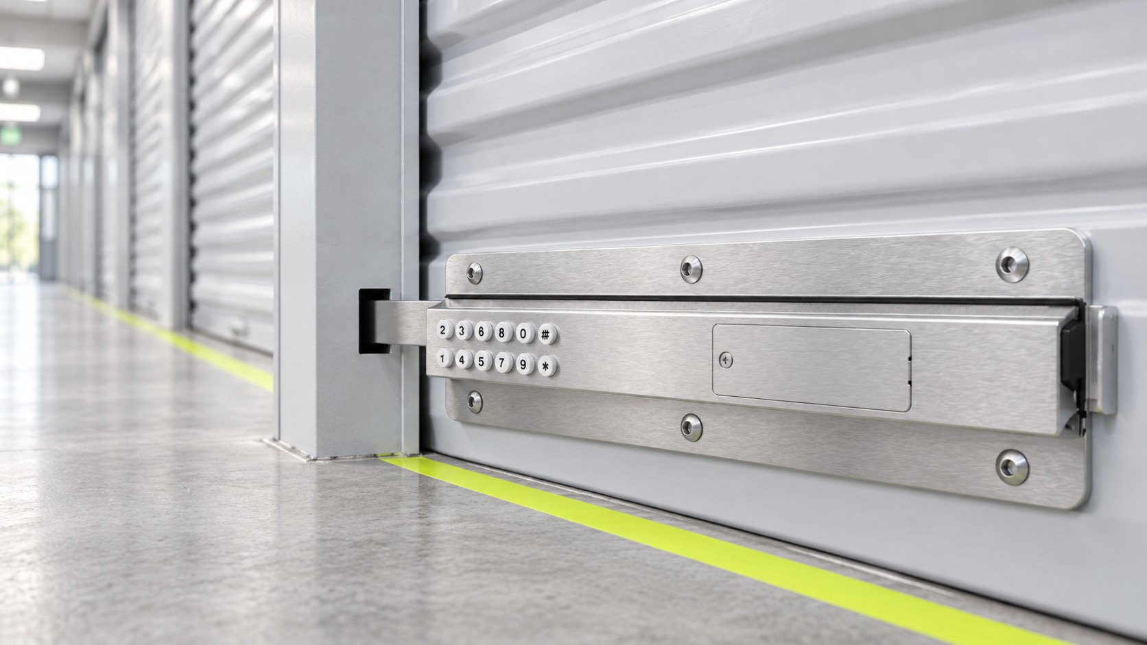 A Smart Latch on a roller door in a self-storage corridor