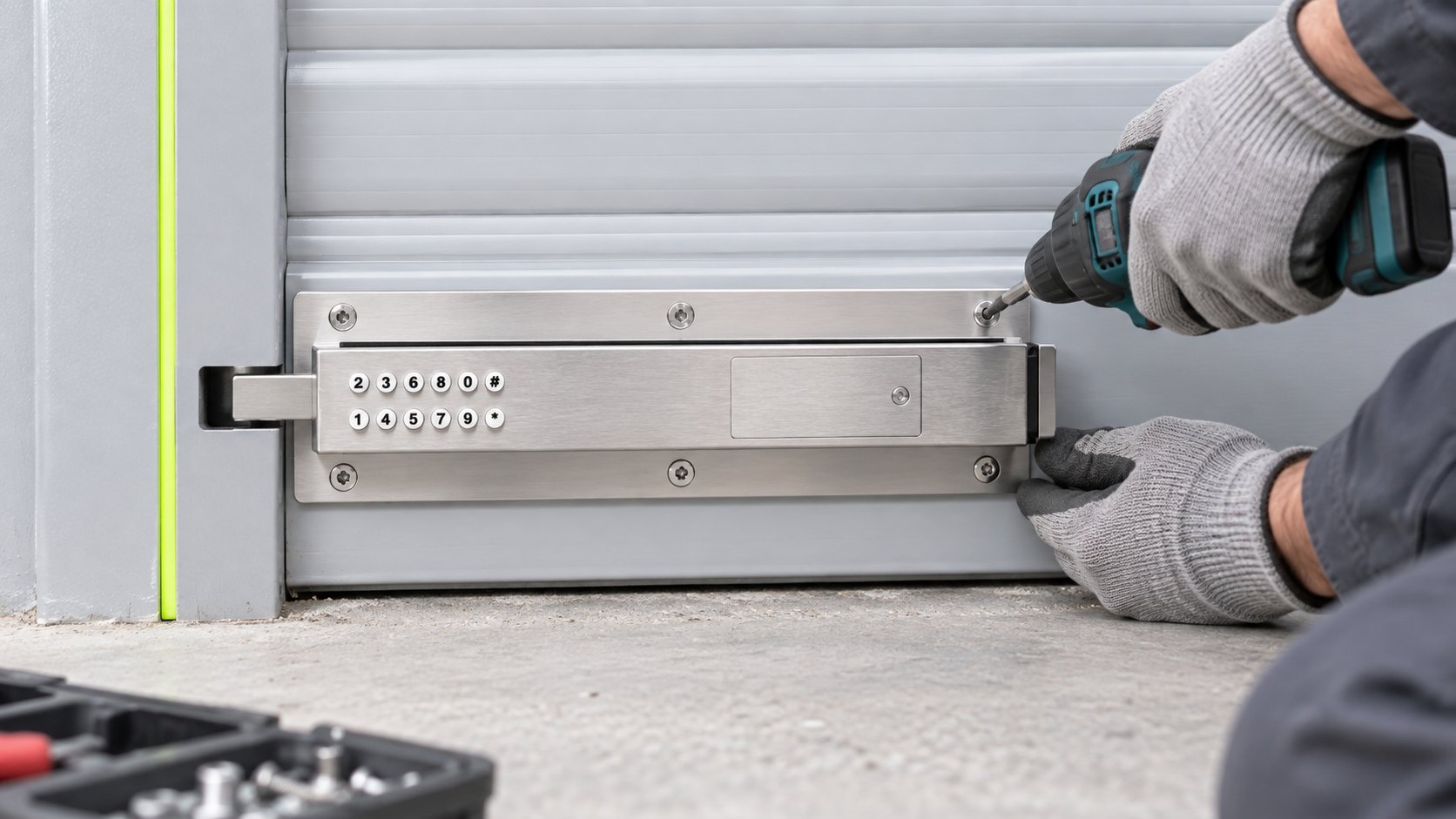 A technician screwing the Smart Latch to the bottom rail of a roller door
