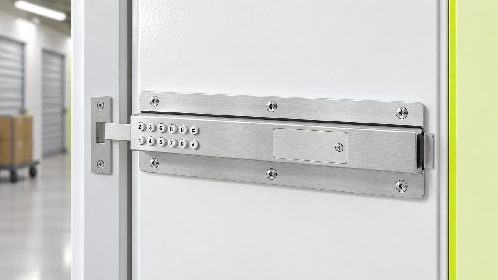 A Smart Latch on a white swing door, its bolt in a keeper on the frame