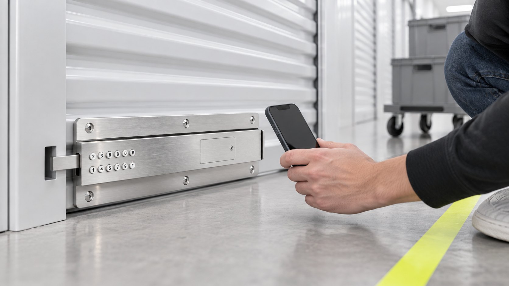 A tenant holding a phone near the Smart Latch on a roller door, a trolley of boxes beside him